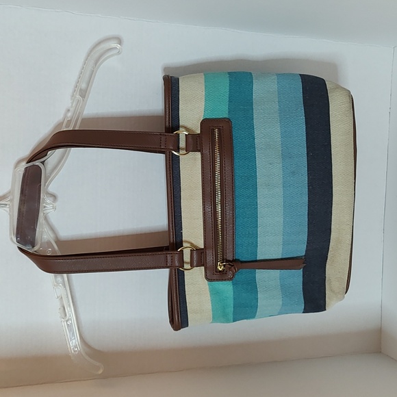 New Multi Turquoise & Blue Striped Shoulder Bag w/ Faux Leather Straps & Bottom - Picture 1 of 7